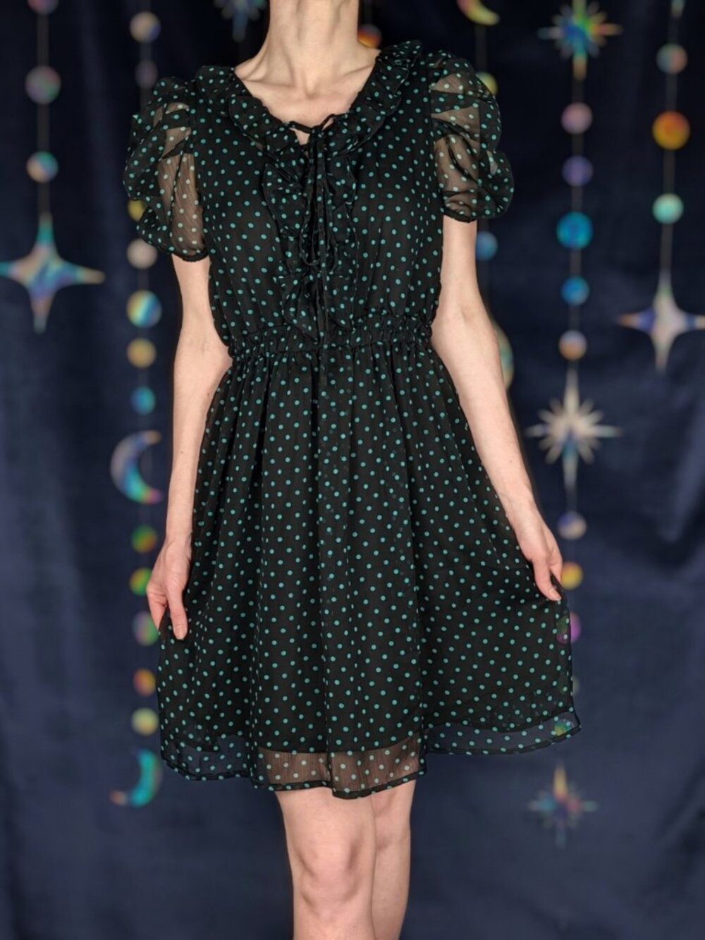 ModCloth Ruffle & Puff Sleeve Teal Green Polka Dot Black Dress